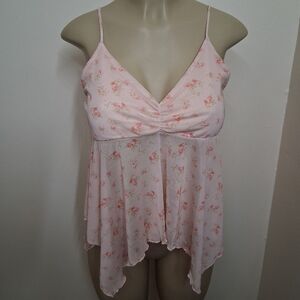 Y2K Fairy Babydoll Cami Top XL Strappy Pink Sheer Floral Sheer Mesh Asymmetric